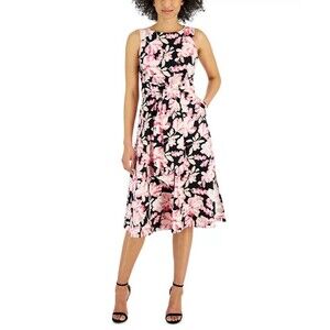 Anne Klein Womens Printed Tie-Front Sleeveless Midi Dress Camellia BlackMulti XL